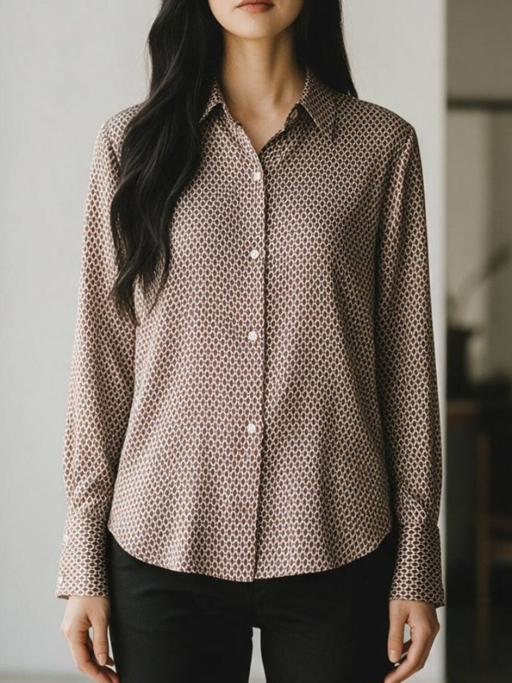 Abercrombie & Fitch NWT Chocolate Brown Printed Silky Satin Button Up Shirt XS